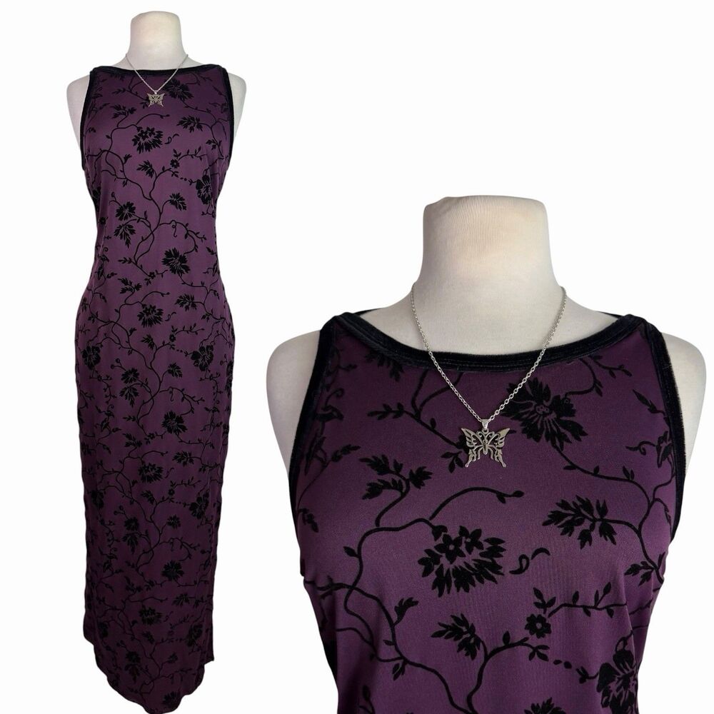 VTG 90s Hana Purple Flocked Velvet Floral Whimsigoth Vampy Grunge Maxi Dress S